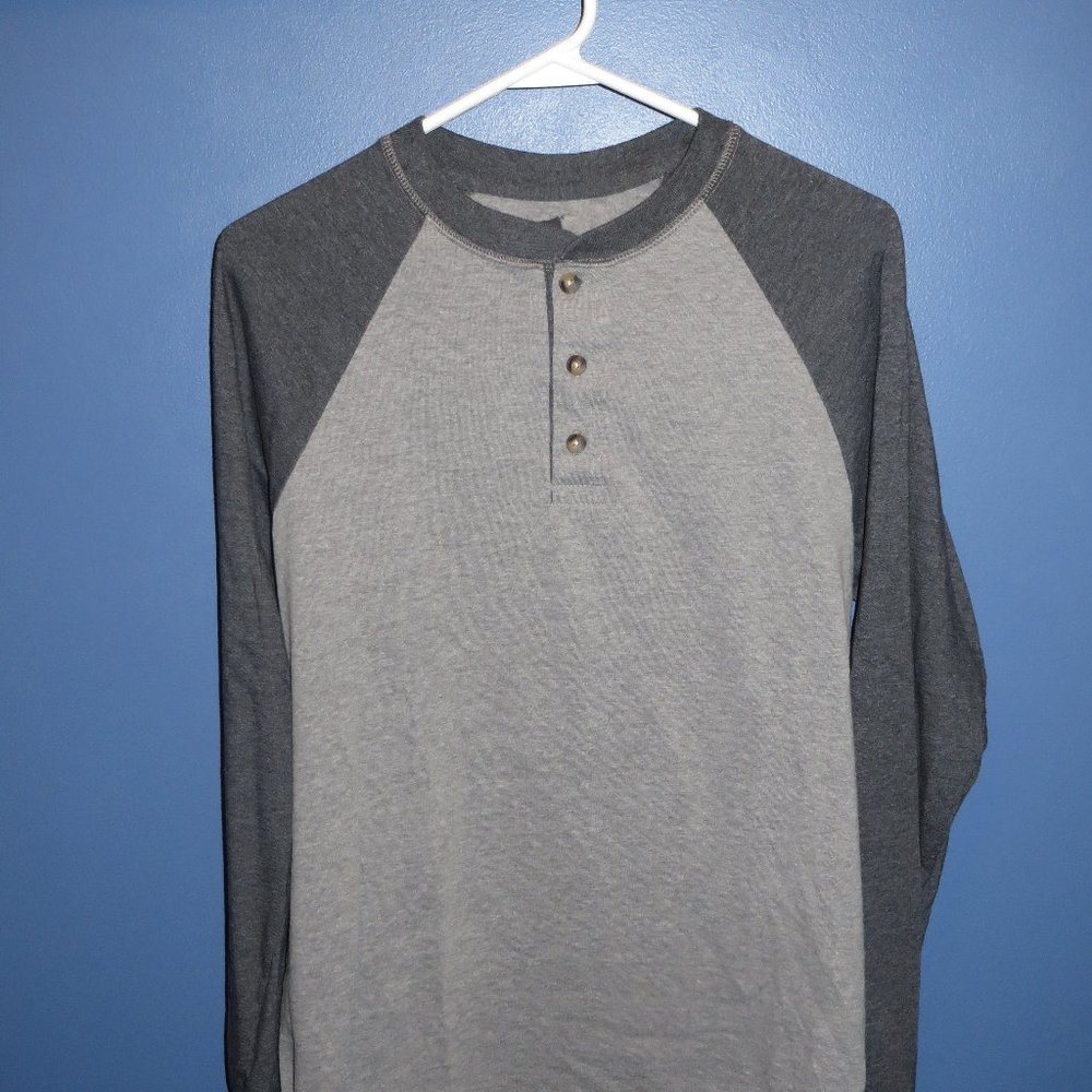 Hanes Mens Beefy Long-Sleeve Shirt Colorblock Henley 3 button Tag Free Size M